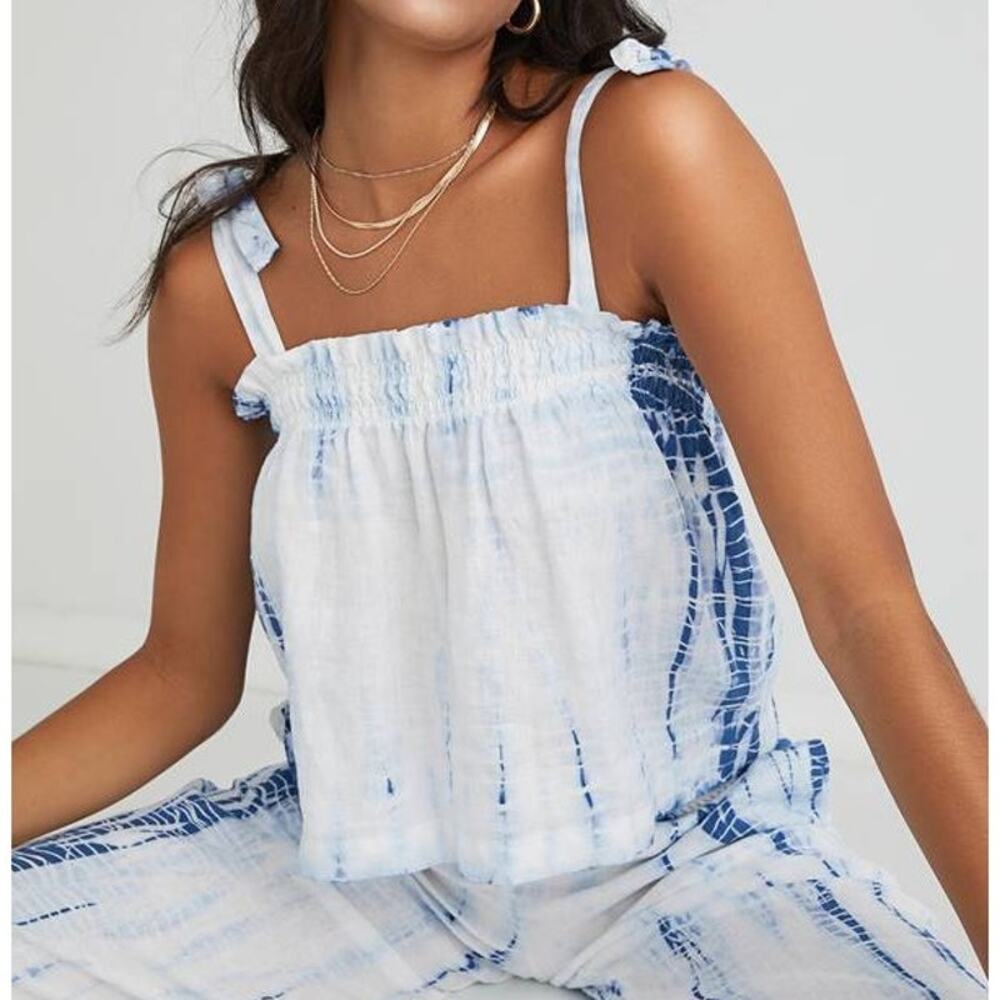 Bella Dahl Shoulder Tie Smocked Navy White Tie Dye XS XSmall NEW Boho Festival
